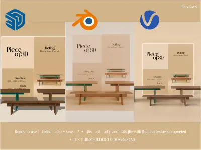 DELING - Dining table and bench - LAREDOUTE - 3 pieces Free 3D model
