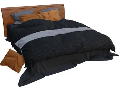 Bedroom with pillows and curtain  Low-poly 3D model