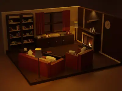 Cozy and Vintage Living Room Low-poly 3D model