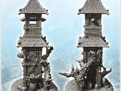 Large medieval tower with multiple tiled roofs and plant-covered 3D print model