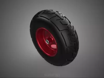 METALLIC RED THREE SPOKE TREAD TIRE RIM CART WHEELBARROW RUBBER 3D model
