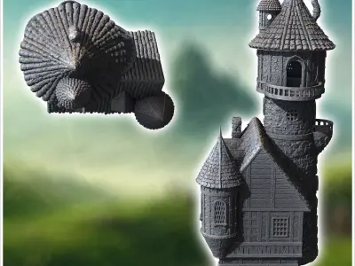 Medieval stone tower with adjoining house balconies and fireplac 3D print model