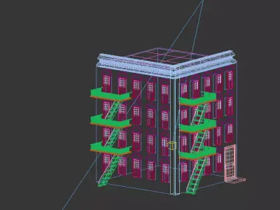 Low Poly Brick Apartment Building with Fire Escapes  Exterior  3D model