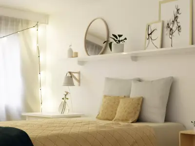 Bedroom round mirror on shelf 3D model