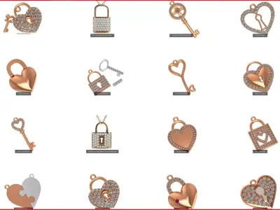 16 Love Lock Key Charm Pendant Necklace 3D Model Pack
