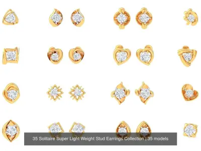 35 Solitaire Super Light Weight Stud Earrings Collection 3D Model Pack