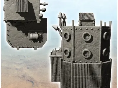 Fortified steel barracks with tank and roof access door -4- 3D print model