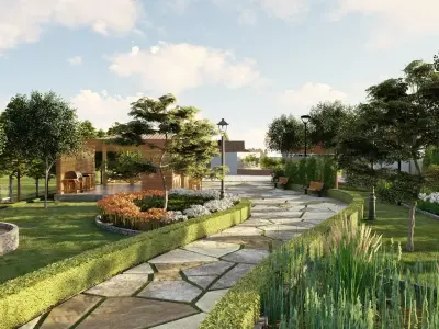 Landscape 3D Model garden path with trees and shrubs 3D model