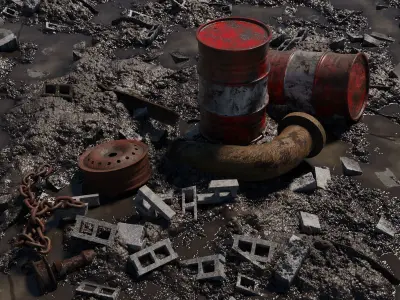 Muddy Junkyard Blender Scene with Props and Debris 3D model