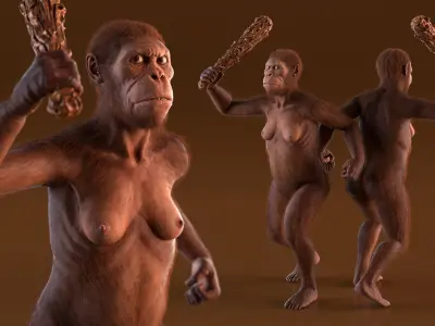  Prehistoric Hominid with Wooden Club in Attack Pose Fur for Cinema 4D 