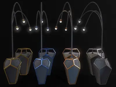 Sci-Fi Lamp And TrashCan - 4 Colors variation  Low-poly 3D model