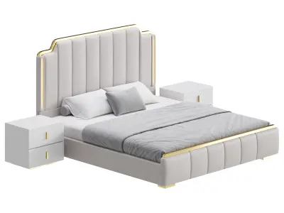 Glam Beige Upholstered Bed 3D model