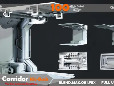 Sci-fi Interior Corridor Kitbash 100 Model Low-poly 3D model