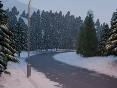 Snowy Road winter landscape Low-poly 3D model