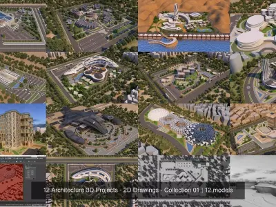 12 Architecture 3D Projects - 2D Drawings - Collection 01 3D Model Pack