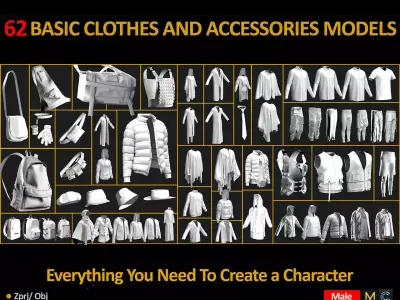 62 BASIC CLOTHES AND ACCESSORIES MODELS Low-poly 3D model