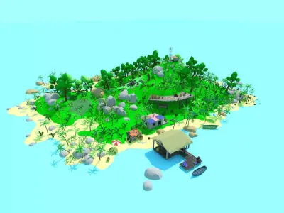 low poly cartoon tropical island scene Low-poly 3D model