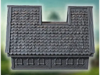 Long wooden hall with detailed roof shingles arched windows and  3D print model
