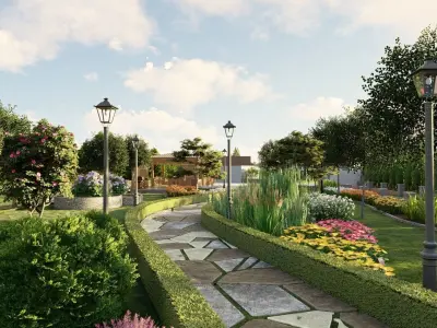 Landscape 3D Model garden path with trees and shrubs 3D model