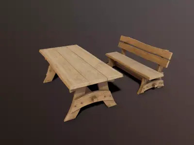 Outdoor table and bench low poly Low-poly 3D model