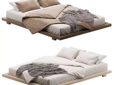 Japanese Style Walnut Queen Floor Bed Low-poly 3D model