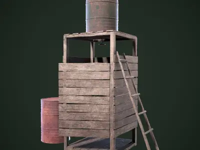 Shower wooden barrel and ladder Low-poly 3D model