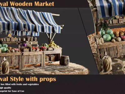 Medieval Wooden Market Pack  Set 1 With Props 3D model