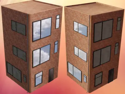 Brick Apartment building 3 storeys Low-poly 3D model