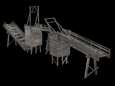 DESTROYED WOODEN BRIDGE MEDIEVAL FANTASY ROAD OLD COLLECTION Low-poly 3D model