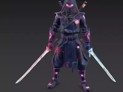 Cyberpunk Ninja Hero Game Ready 3D Character with Weapons 3D model