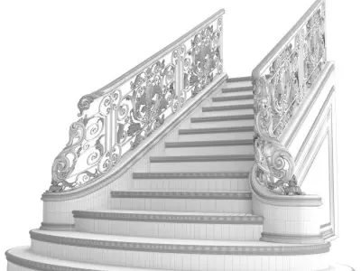 Classic marble staircase with wrought iron railing 3D model