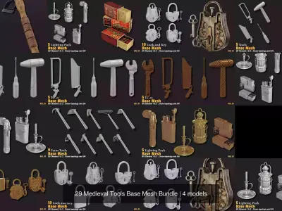 29 Medieval Tools Base Mesh Bundle 3D Model Pack