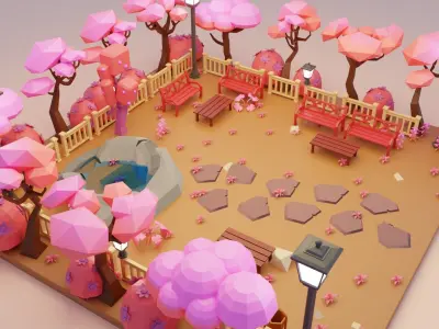 low poly fantasy pink japanese garden scene Low-poly 3D model Low-poly 3D model