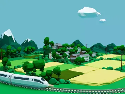 Rural landscape and low poly trees Low-poly 3D model