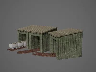 Mine 1 train station with two wooden sheds Low-poly 3D model