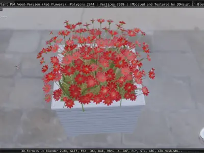 Public Plant Pot Wood-Version with Red Flowers Low-poly 3D model