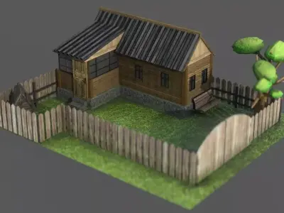VILLAGE wooden house with fence Low-poly 3D model