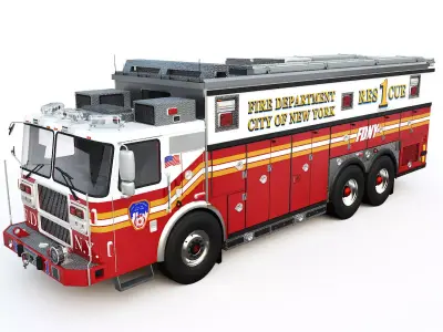Fire Truck FDNY Rescue 1 with Interior Low-poly 3D model