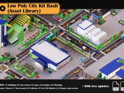 Low Poly City Asset Library 300 Objects Kitbash Low-poly 3D model