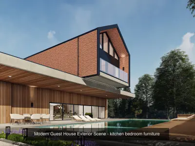 Mordern House Exterior Scene with Furniture and 2D Drawing 3D Model Pack