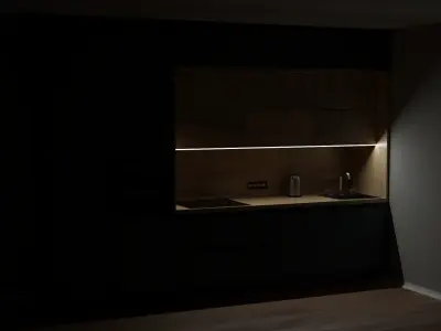 DarkKitchen kitchen with cabinets and wooden floor 3D model
