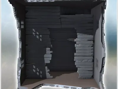 Square brick building with shuttered windows and two floors ruin 3D print model