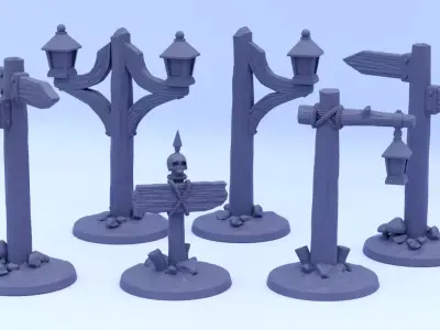 Fantasy - Medieval road signs and lampposts 3D print model