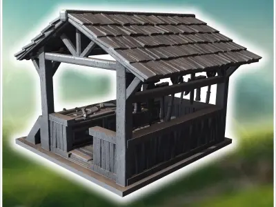 Open wooden market stall with a slanted roof display shelves and 3D print model
