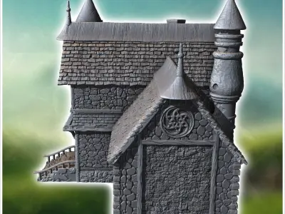 Large medieval manor house with entrance staircase and multiple  3D print model