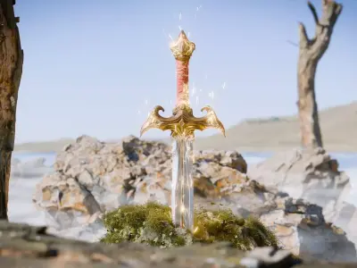 Legendary Fantasy Sword in Stone Low-poly 3D model