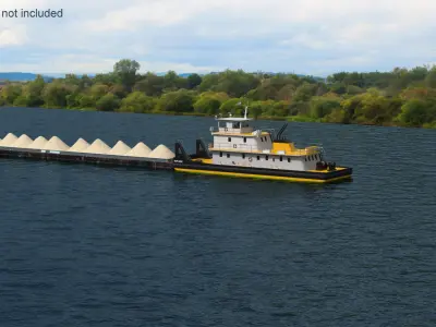  Tugboat Transported Hopper Barge with Sand on Water 