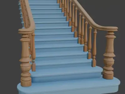 Light Blue Wooden Staircase with Ornate Balustrade PBR 3D Model 3D model