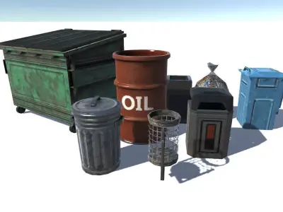 Trashbin set oil cans and barrels Low-poly 3D model