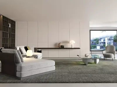 Modern Minimalist Living Room with Gray Sofa 020 3D model